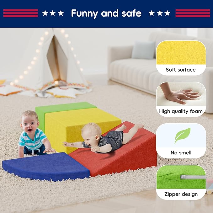 Large Baby Climbing Blocks – 6 Pcs Climbing Toys for Toddlers - Ultra High Density Soft Foam Play Gym Equipment Easy Wash for Indoor Nursery, Classic (Classic, 4-Piece)