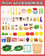 33.8IN Kids Kitchen Playset, 63 PCS Kid Play Kitchen with Realistic Lights & Sounds, Spray Sink Toy Kitchen Accessories, Pretend Food Toys Kitchen for Boys Girls Toddlers(Pink)