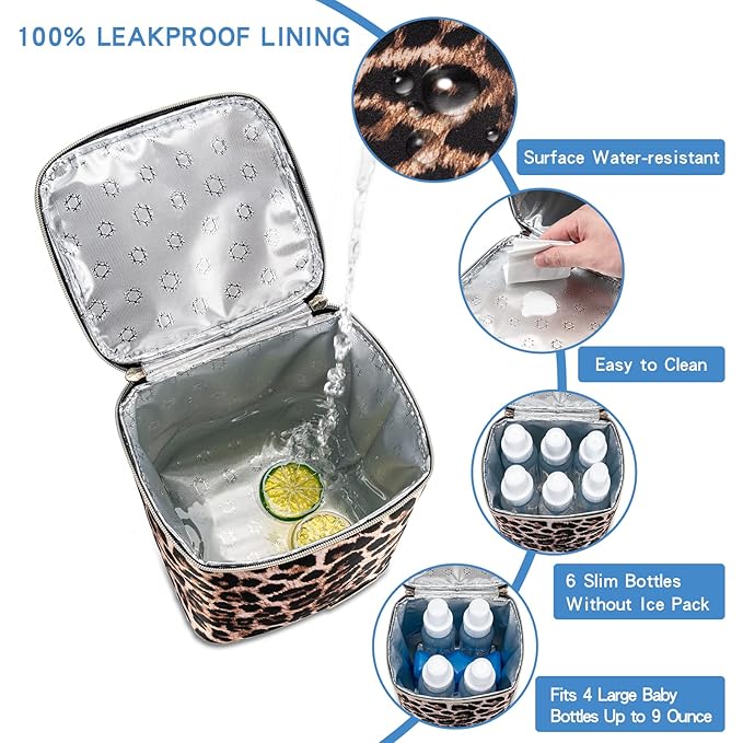BreastMilk Cooler Bag with Ice Pack Fits 4 Baby Bottles Up to 9 Ounce, Baby Bottle Bag for Nursing Mom Daycare-Leopard Print