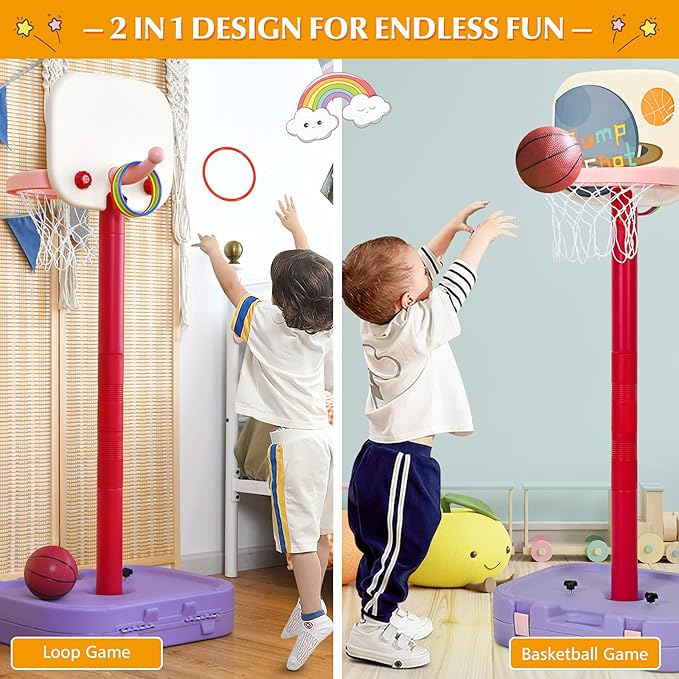Costzon Kids Basketball Hoop, 2 in 1 Toddler Basketball Hoop Toy Set with Ring Toss & Storage Box for Boys Girls Baby, Portable Basketball Hoop Stand with Adjustable Height for Indoor Outdoor