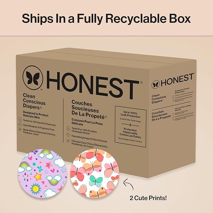 The Honest Company Clean Conscious Diapers for Delicate Skin | Up to 100% Leakproof | Hypoallergenic, Fragrance Free | Girl Prints | Super Club Box, Size 6 (35+ lbs), 68 Count (Prints May Vary)