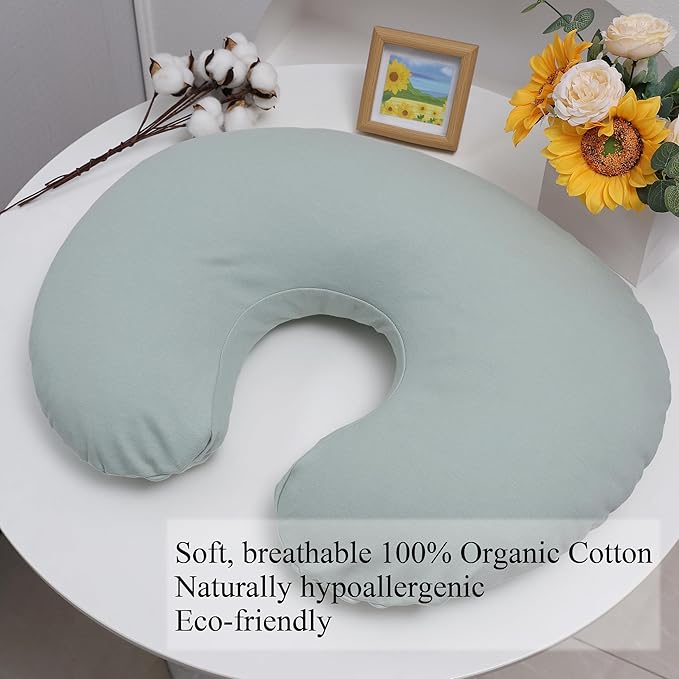 Onacosht 100% Organic Cotton Nursing Pillow Cover Soft Breathable Jersey Feeding Pillow Slipcover Fits Standard Infant Nursing Pillow for Baby Boy and Girl, Sage
