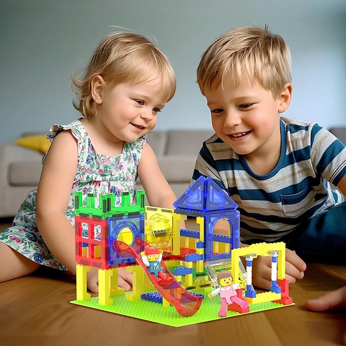 PicassoTiles Magnetic Tiles Slide & Swing Playground Building Block with 2 Character Action Figures Magnet Tile Construction Bricks Sensory Toys STEM Learning Educational Toy Kit Boy Girl Age 3+ PTQ30