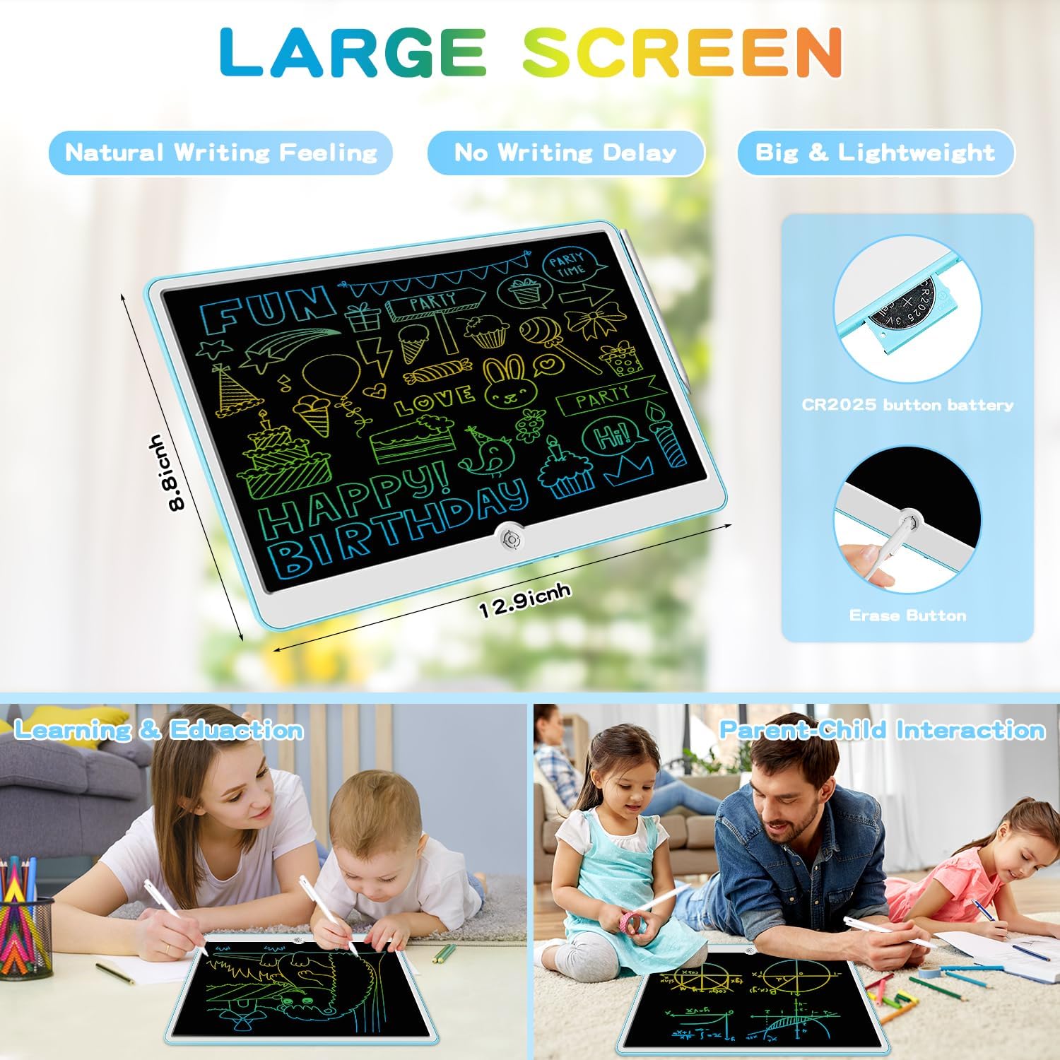 15 Inch LCD Writing Tablet for Kids Ages 3 4 5 6 7 8, Reusable Doodle Board with Stylus Pen Drawing Pad, Educational Travel Toy for Boys & Girls, Ideal Birthday & Holiday Gift
