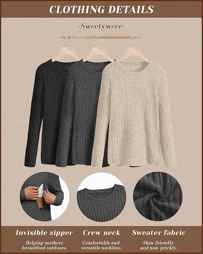 3 Pack Women's Nursing Long Sleeve Tops Breastfeeding Thermal Sweaters with Hidden Zipper Maternity Ribbed Shirts