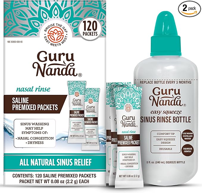 GuruNanda Sinus Rinse Bottle & Saline Premixed Packets 120ct - All Natural Sinus Rinse Packets to Help with Allergies & Congestion Relief, 0.08oz Each