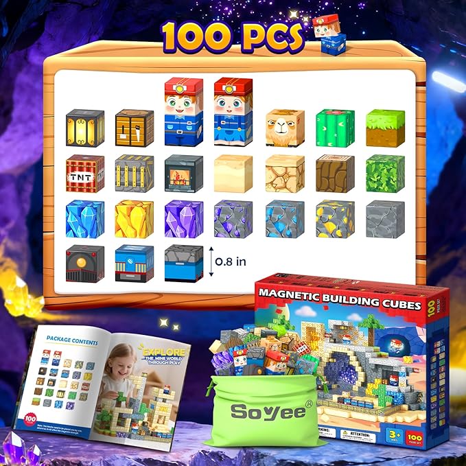 100PCS Magnetic Blocks: Build Mine Magnet World Set Magntic Toys for 4-8 STEM Building Cubes Magnetic Tiles Sensory Educational Toys for 3+ Years Old Boys Girls Birthday Christmas Gifts