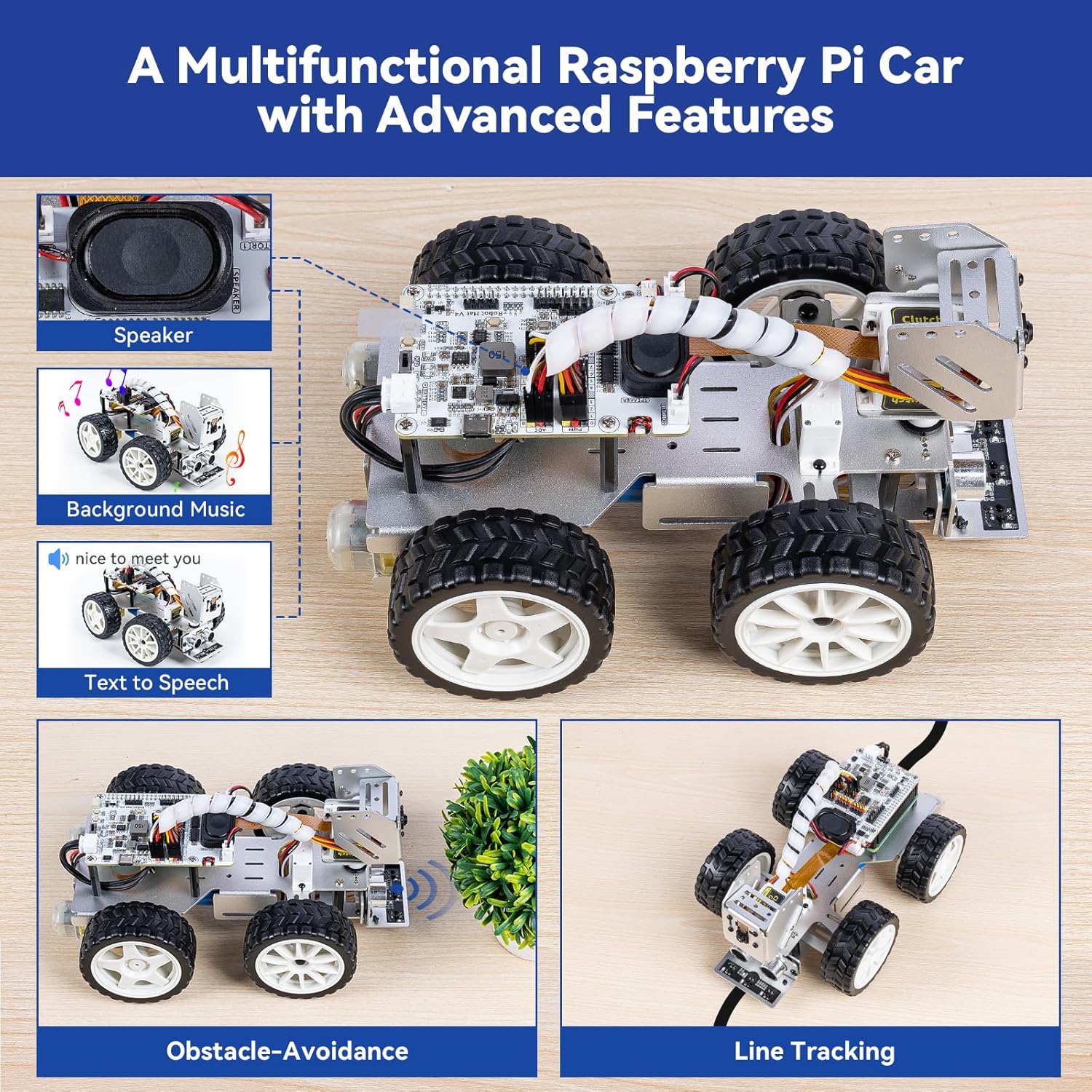SunFounder PiCar-X AI Video Robot Car Kit with Raspberry Pi Zero 2 W+32G TF Card, ChatGPT-4o Enabled with Video Recognition, Python, Scratch, Camera, Mic, Rechargeable Batterry