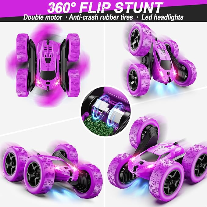 RC Cars, Purple Remote Control Car for Girls, 2.4 GHZ Double Sided RC Stunt Car 360° Rotating Remote Control Crawler with Headlights Car Toys for 6 7 8 9 10 11 12 Girls Birthday Gift