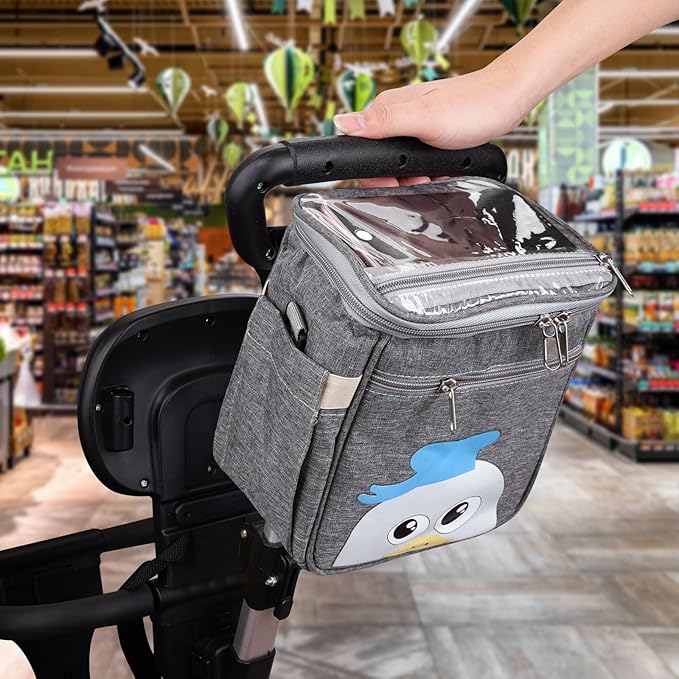 Baby Stroller Organizer Bag，Small Diaper Bag - Universal Stroller Organizer With Insulated Cup Holder,Pocket With Baby Wipes Dispenser，Adjustable Shoulder Strap(Deep Grey)