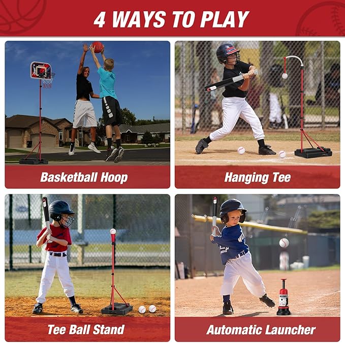 4 in 1 Kids Basketball Hoop and Tball Set for Toddlers 3-5, Basketball Goal with Scoreboard & LED, Hanging Tee Ball Stand with Baseball Pitching Machine, Indoor Outdoor Sport Toys for Boys 4-8