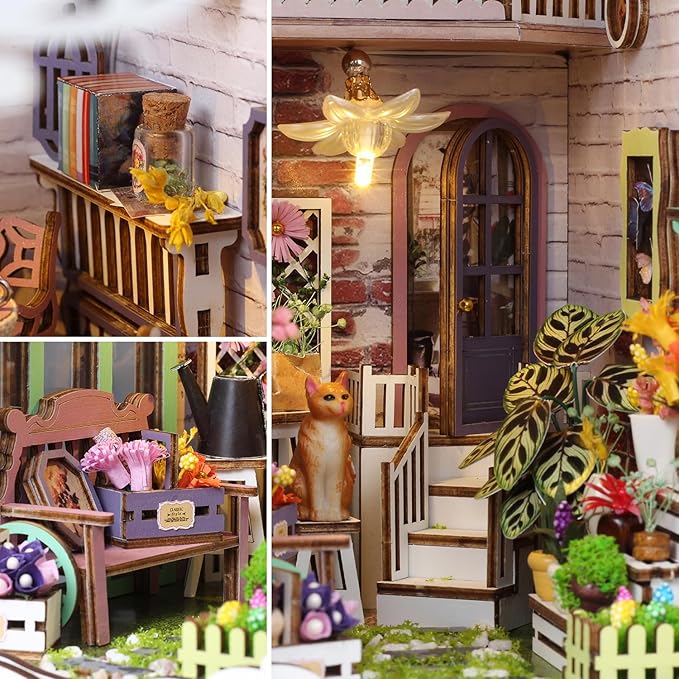 TuKIIE DIY Book Nook Miniature Kit, Booknook Dollhouse Bookshelf Insert with Sensor Light & Dust Proof, Wooden Decorative Bookend Stand Model Kits for Kids Teens Adults(Flower House)