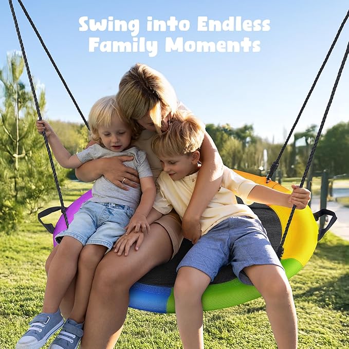 Hapfan 40" Saucer Tree Swing for Kids and Adults, Disc Round Swing for Kids Outdoor with Swivel, UV-Resistant Textilene Fabric, 700 lb Weight Capacity, 9.8 FT Hanging Straps, 2-Year Warranty (Rainbow)