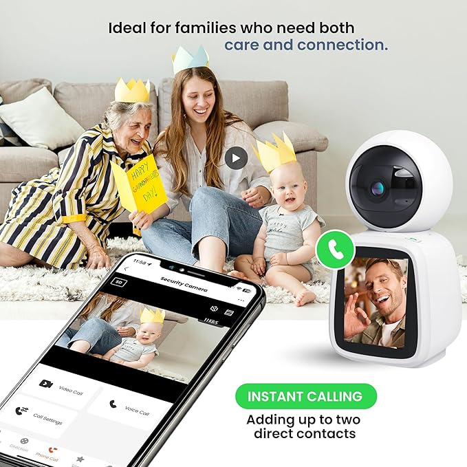 VTA+ Full HD Smart Video Call Camera, 2.8” Screen, Elderly & Child Care Indoor Security, Motion Tracking & Night Vision, 2-Way Audio, WiFi 350° Rotation
