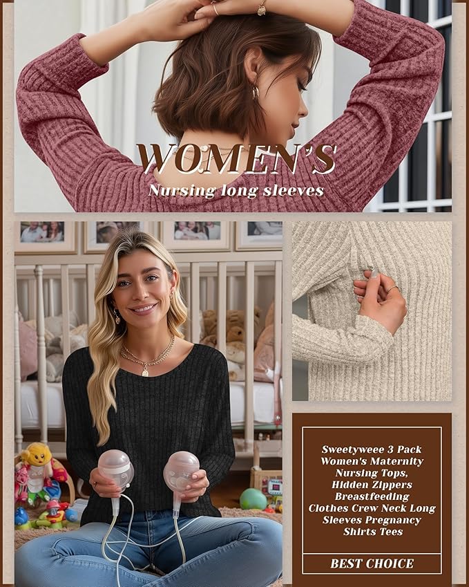 3 Pack Women's Nursing Long Sleeve Tops Breastfeeding Thermal Sweaters with Hidden Zipper Maternity Ribbed Shirts
