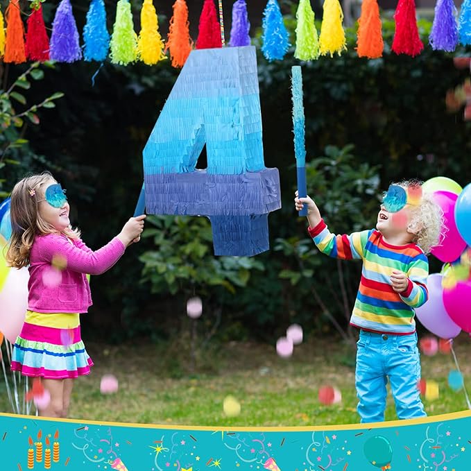 Sratte Number 1 2 3 4 5 6 7 8 9 Piñata with Stick Blindfold Confetti, Gradient Blue Piñata for Kids Boys Girls Birthday Party Anniversary Decorations Supplies(Number 4)