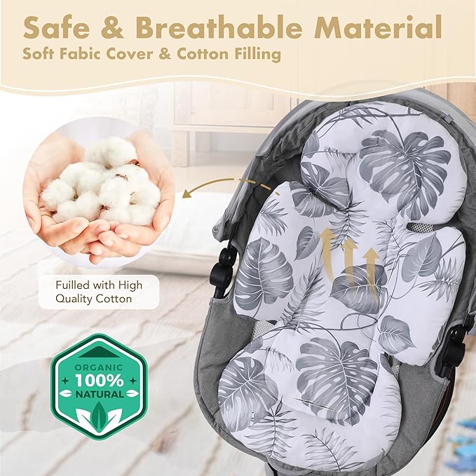 Infant Car Seat Insert, 2-in-1 Head & Body Carseat Support for Baby Newborn Toddler with Strap Covers, Reversible Ultra-Soft Cushion for Baby Carseat, Stroller, Swing & Bouncer