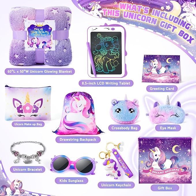 Unicorns Gifts for Girls Kids Toys 3 4 5 6 7 8 9 10 Years Old with LCD Writing Tablet/Glowing Blanket/Unicorn Bracelet/Eye Mask/Crossbody Bag/ 12PCS Purple Teen Girl Birthday Christmas Unicorn Toy
