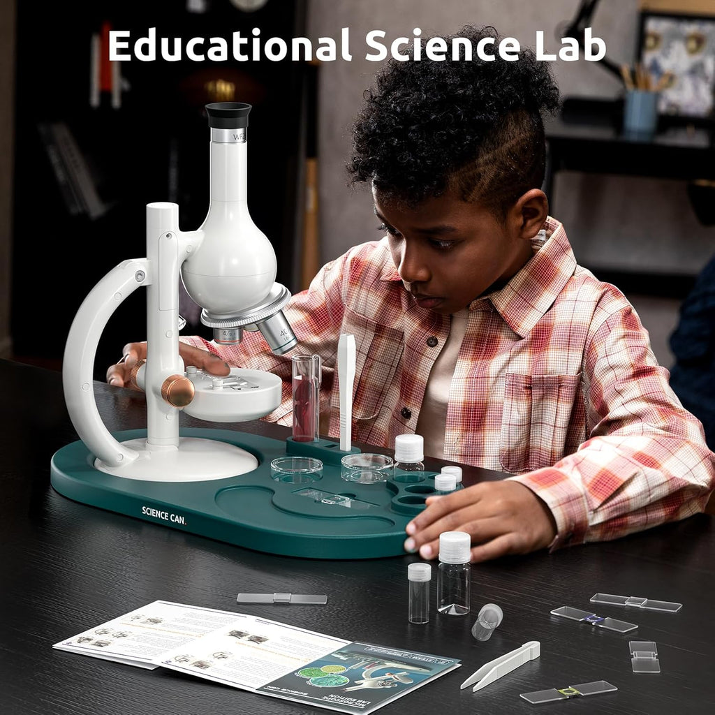 Science Can Microscope for Kids, 1600X Magnification LED Student Microscope with 8 Prepared Slides, Educational Science Lab Toy Great Birthday Gifts, Science Kits for Kids Ages 8-12
