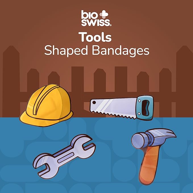 BioSwiss Bandages, Tools Shaped Self Adhesive Bandage, Latex Free Sterile Wound Care, Fun First Aid Kit Supplies for Kids and Adults, 50 Count