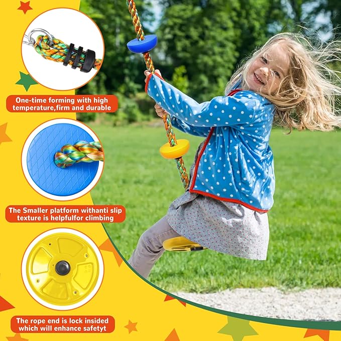 Tree Swing Rainbow Climbing Rope, Heavy Duty Swing Disc Seat Replacement for Kids with Hanging Strap and Platform Carabiners Indoor/Outdoor Playground Accessories (Yellow)