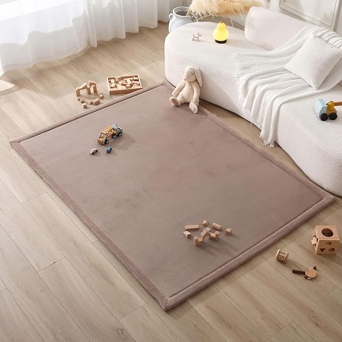 Stylish Coral Velvet Baby Play Mat for Floor 60" x 80" Brown – Soft 1" Thick High-Density Memory Foam Nursery Rug,Kids Rug with Non-Slip Backing for Crawling & Playing, Playroom Rug, Kids Carpet