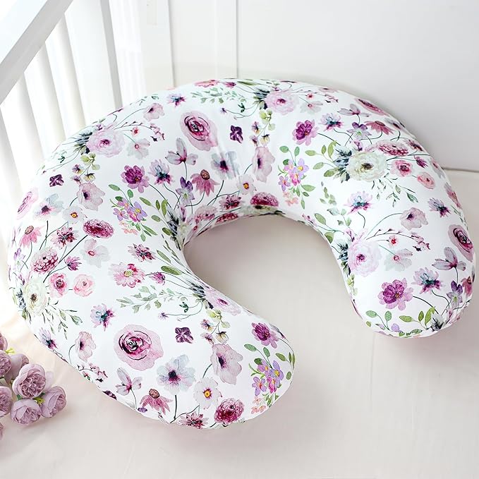 GFU Nursing Pillow Cover for Boys and Girls, Breastfeeding Pillow Case for Newborn, Soft Baby Breastfeeding Pillow Slipcover Colourful Purple Flowers, Stretchy Feeding Cover (Cover Only)