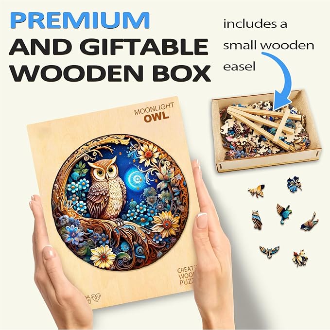 masseruon Owl Jigsaw Puzzles for Adults, 300 Piece Puzzles for Adults-Moonlight Owl(L, 13.4x13.4in), Unique Round Jigsaw Puzzles, Beautiful Animal Shaped Puzzles, Christmas Family Game Birthday Gift