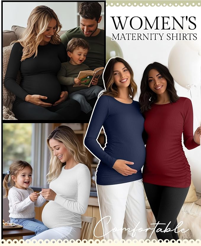 Ficerd 4 Pack Women's Maternity Shirts Cotton Long Sleeve Ribbed Crew Neck Pregnancy Tops Side Ruched Casual Mama Clothes