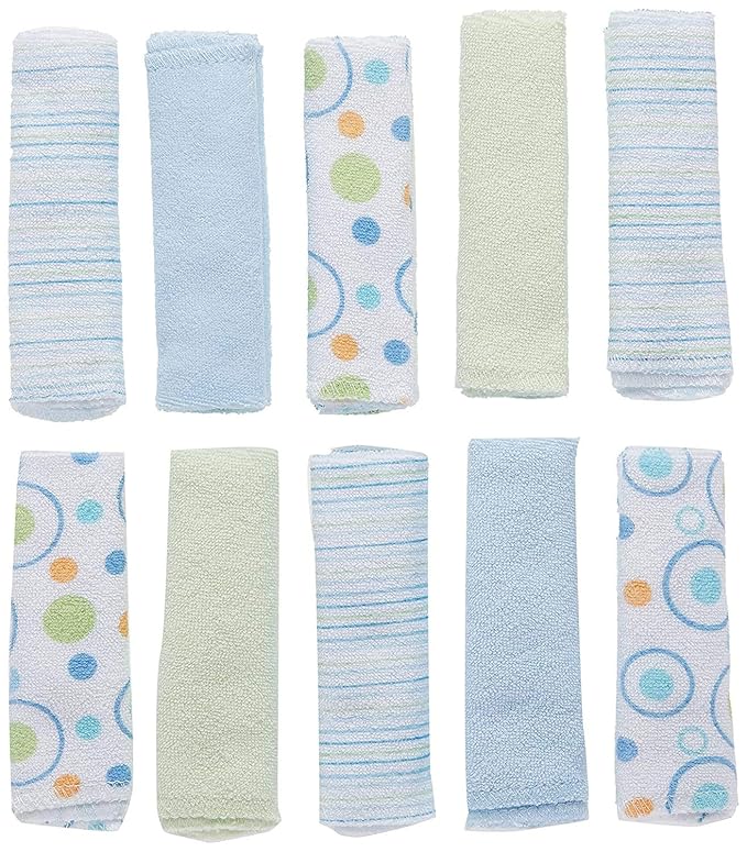 Spasilk Washcloth Wipes Set for Newborn Boys and Girls, Soft Terry Washcloth Set, Pack of 10, Blue Circles