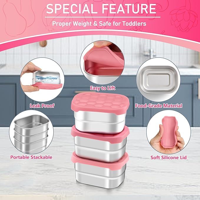 HaWare Stainless Steel Snack Containers for Toddlers and Kids, 8 oz Leak Proof Food Storage Containers with Silicone Lids, Stackable & Reusable Small Metal Lunch Box for Daycare and School- 3 Packs