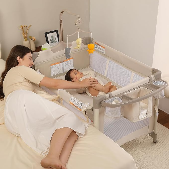 Pack and Play, Baby Bassinets Bedside Sleeper, Portable Crib, Diaper Changing Table & Baby Play Yard - Breathable Mesh & Steel Frame - Foldable for Newborn to Toddler (Cream Color)