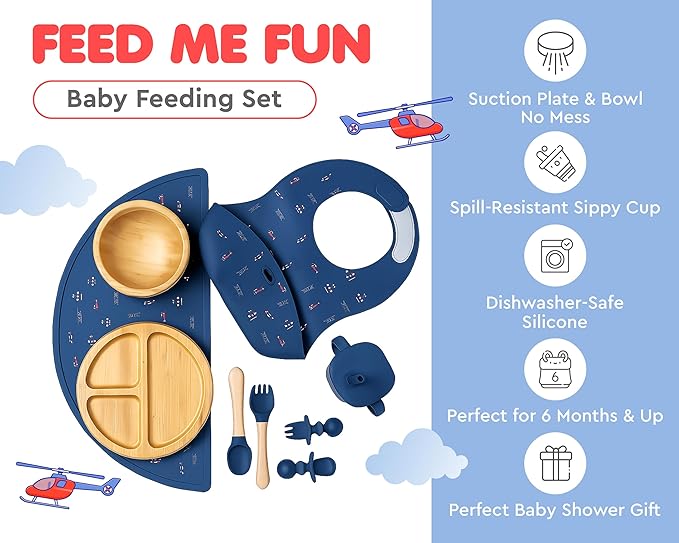 Bamboo Baby Feeding Set for Infants & Toddlers - Baby Essentials, Non-Toxic, Sustainable, Bamboo Suction Plate & Bowl, Bib, Sippy Cup w/Lid & Straw, Perfect Baby Shower Gifts (Midnight Blue)