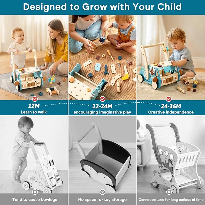 OESSUF 2-in-1 Wooden Baby Walker with 40 PCS Tool Toys – Baby Push Walker for 6-12 Months, Activity Center for Toddlers Aged 1-3 Years, Montessori Toy for Boys and Girls (Blue)