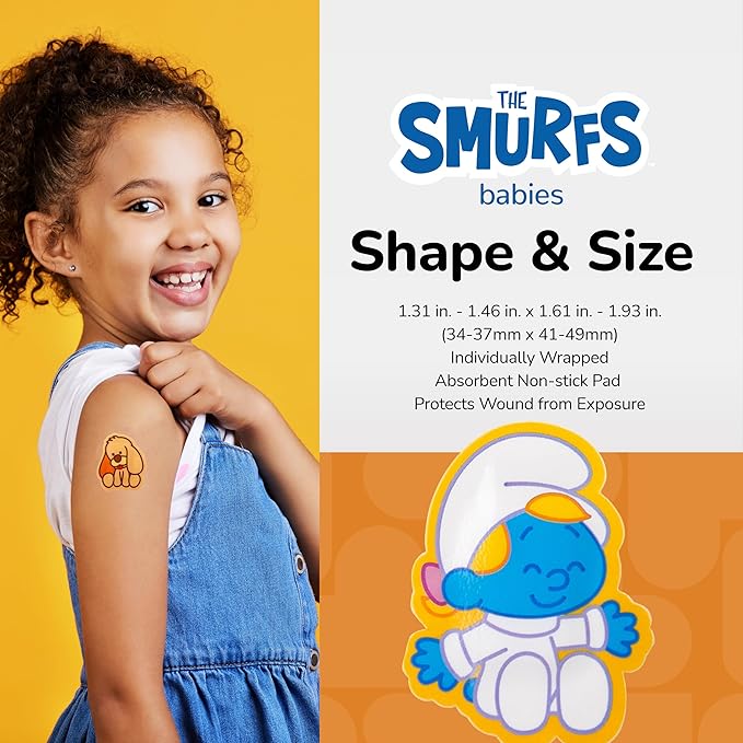BioSwiss Bandages, The Smurfs Baby Smurf Shaped Self Adhesive Bandage, Latex Free Sterile Wound Care, Fun First Aid Kit Supplies for Kids and Adults, 50 Count Case