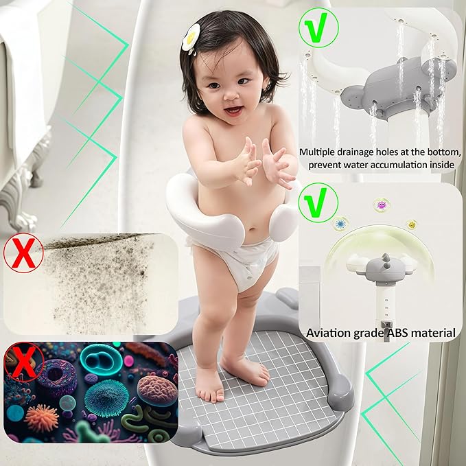 Baby Shower Stand, Baby Standing Bath with Anti-Pinch Adjustable Height and Armrest, Shower Standing Support with Anti-Slip Base and Mat for Infants 6-36 Months -Grey