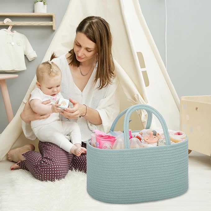 COMSE Large Baby Diaper Caddy Organizer for Girl Boy, Car Caddy with Handles, Cotton Rope Basket for Changing Table, Nursery Organizer, Gift for Baby Shower and Registry Must Have, Light Green