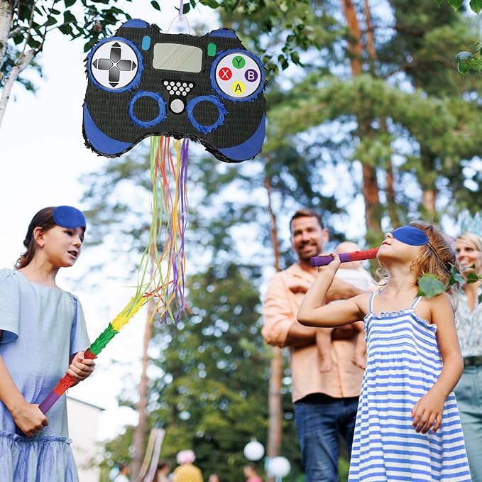 WERNNSAI Video Game Piñata - Game Controller Piñata Bundle with Blindfold and Bat for Boys Kids Piñata Gaming Theme Party Decoration Supplies Pull String Piñata for Birthday Party Celebration Blue