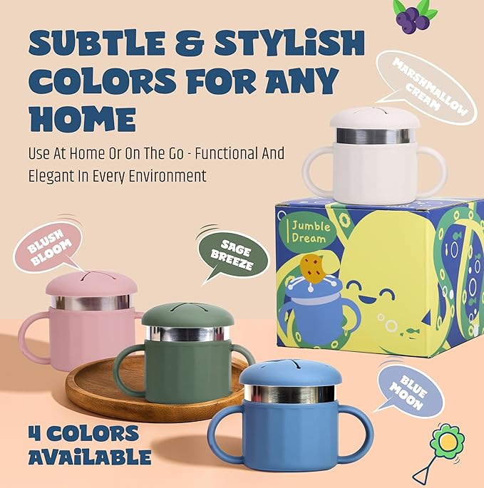 Jumble Dream Stainless Steel Baby Snack Cup for Toddlers Kids – Spill-Proof Silicone Snack Container – BPA-Free Non-Toxic Dishwasher Safe Food-Grade Stainless Steel for Baby Snacks 6m+ to 3+ Years