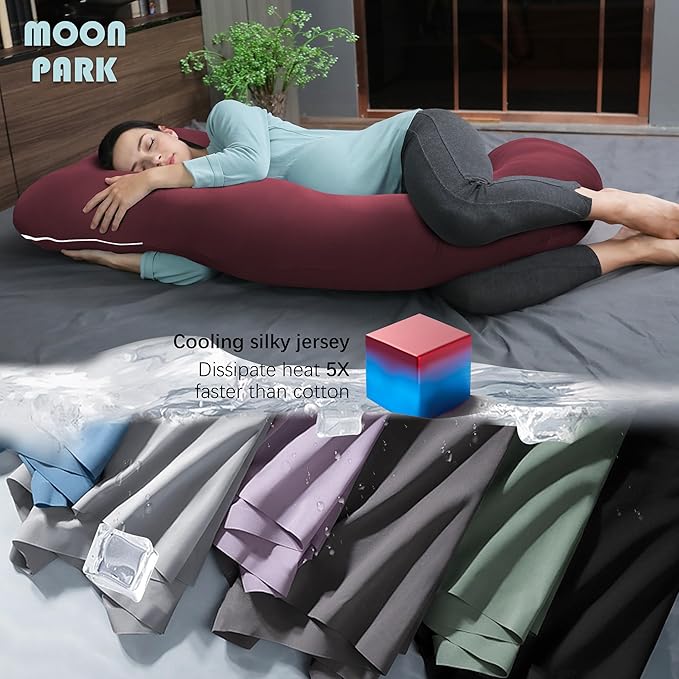 MOON PARK Pregnancy Pillows for Sleeping - U Shaped Full Body Maternity Pillow with Removable Cover - Support for Back, Legs, Belly, HIPS - 65 Inch - Burgundy - Cooling Cover