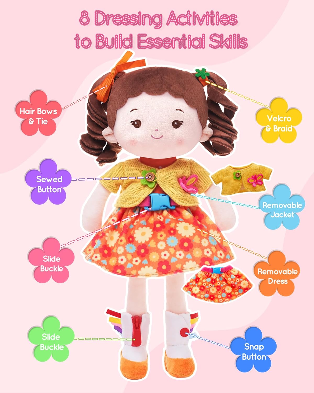 Learning Sensory Doll for Toddlers, Montessori Toys for 2-Year-Old Girls Christmas, Birthday Gifts, Plush Doll with Zipper, Shoelace, Button-Busy Flora Girl