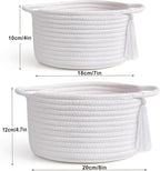 Empty Gift Basket Mini Woven Rope Organizer Baskets for Baby Shower, Vanity, Makeup, Bathroom, Tiny Toys, Desk - Small Decorative Storage Bins - Set of 2, Pre-Shaped, White