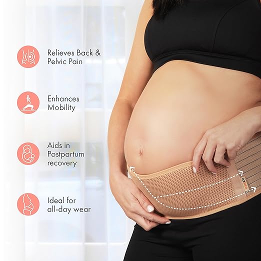 AZMED Maternity Belt Back Support - Adjustable Abdominal Binder for Pregnancy - Belly Band for Pelvic, Waist & Lower Back Comfort - Fits Up to 46 Inches - Beige