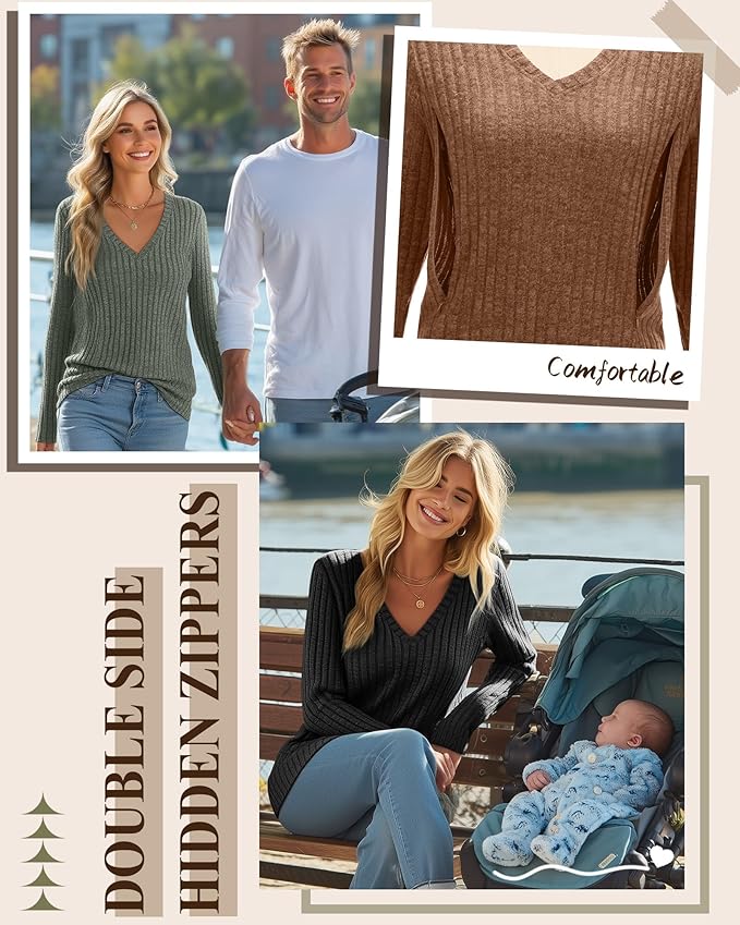 3 Pack Women's Maternity Nursing Tops, V Neck Breastfeeding Sweaters Long Sleeve Hidden Zipper Shirts