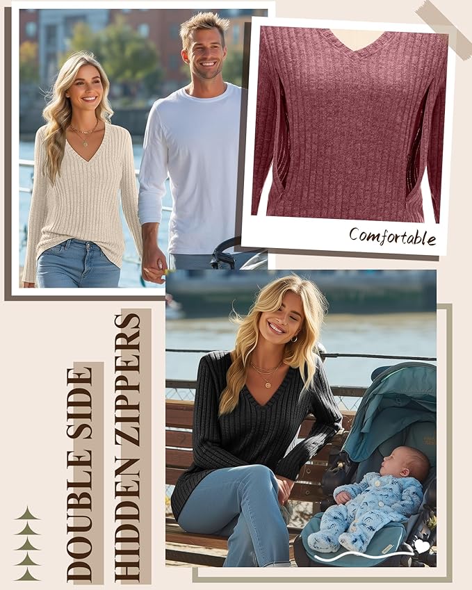 3 Pack Women's Maternity Nursing Tops, V Neck Breastfeeding Sweaters Long Sleeve Hidden Zipper Shirts