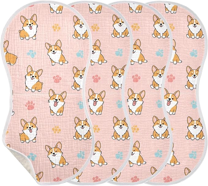 4 Pack Muslin Burp Cloths Cute Dogs Pink Cotton Baby Burp Cloths Ultra Absorbent and Soft Burping Cloth for Baby Boys Girls 22x11 Inch