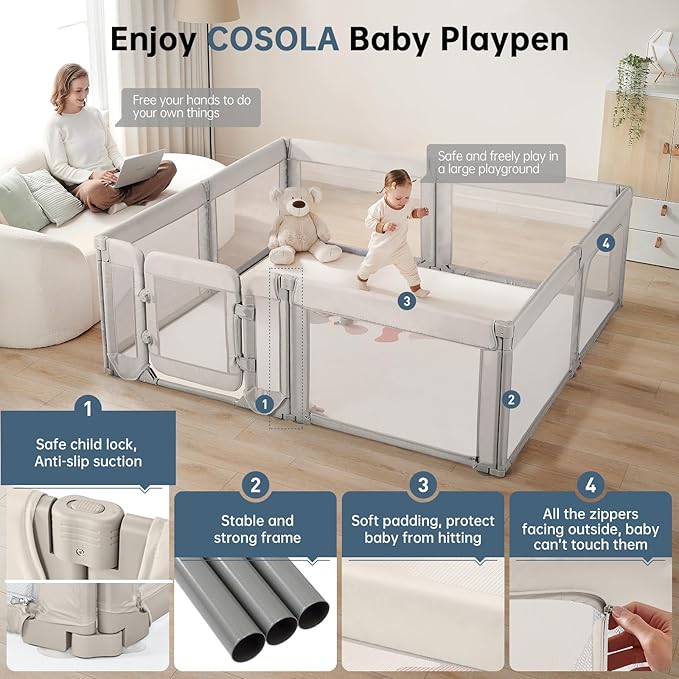 Baby Playpen,Large Play Pen for Babies and Toddlers with Door 79x71 Inch, Adjustable Playpen Non-Slip Suction Cups Base Safe and Sturdy, Indoor Outdoor Playard,Black