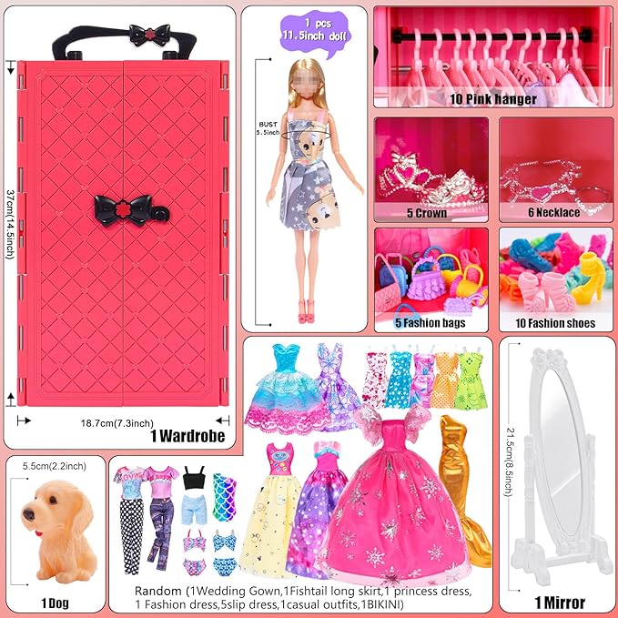 iBayda 11.5-Inch Fashion Doll with Closet Clothes Accessories Set - Includes Princess Gown, Long Dresses, Outfits, Shoes, Handbags, Mirror, Pet Dog & More (Doll Included)