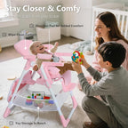 Kinder King Convertible Baby High Chair, Adjustable Feeding Chair for Babies and Toddlers with Removable Double Tray, Simple Compact Fold for Space-Saving, 2 Built-in Wheels, Easy to Clean, Pink
