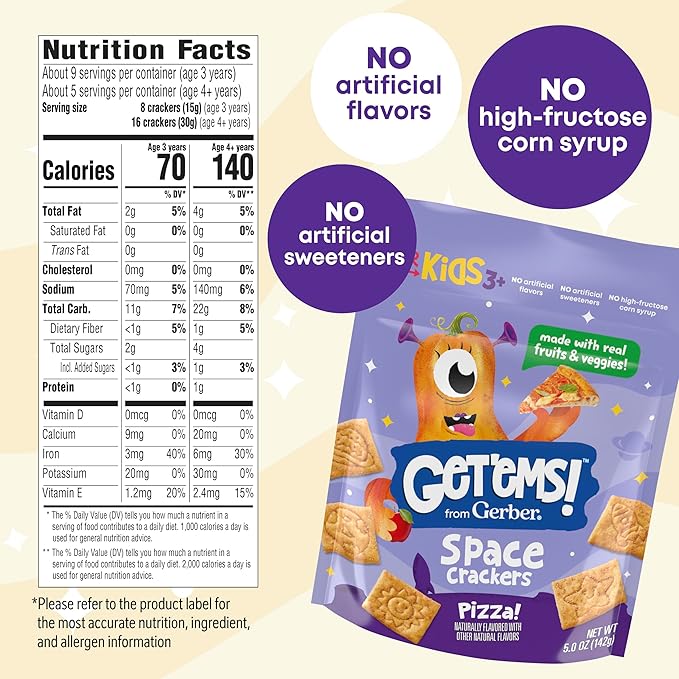 Get'ems! from Gerber, Snacks for Kids, Pizza Space Crackers, Made with Real Veggies & Fruits, Iron & Vitamin E - 4 pack
